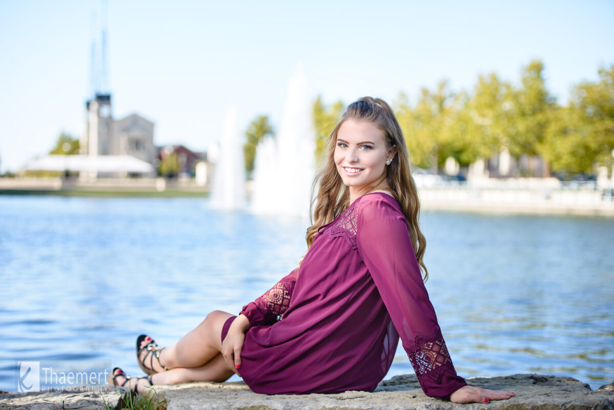 Lakeside senior picture of a girl wearing a dress in New Town St Charles
